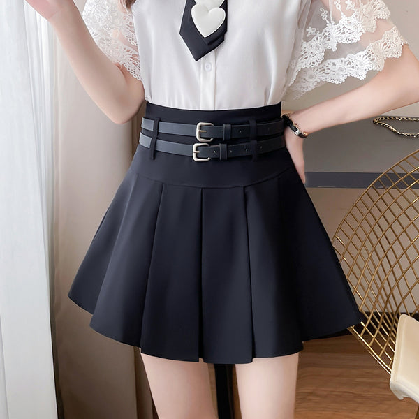 Double Belt High Waist Solid Color Pleated Skirt