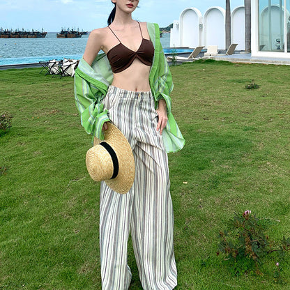 Brown Bikini Striped Wide-Leg Pants Suit