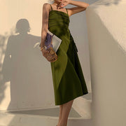 Tie-waist drawstring a-line green suspender dress