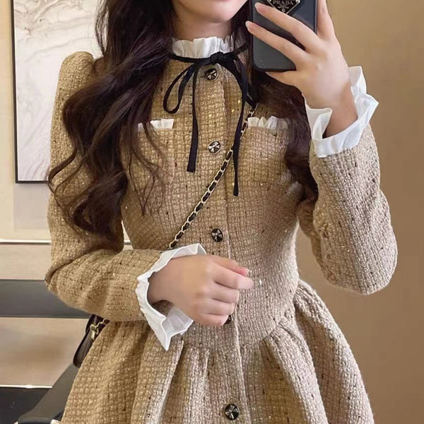 Nipped-Waist Bell-Sleeved Tweed Elegant Dress