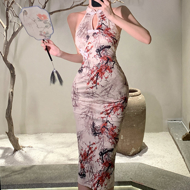 Hollow sleeveless slit national style qipao dress