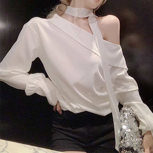One-shoulder halter neck ribbon white shirt