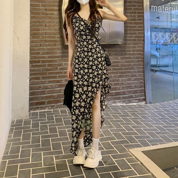 Irregular slit black slim floral sling dress