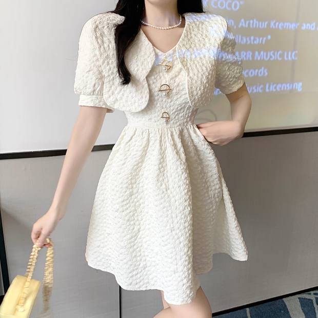 Doll collar puff sleeves waisted puffy dress