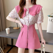 Floral doll collar shirt zipper wide leg shorts set