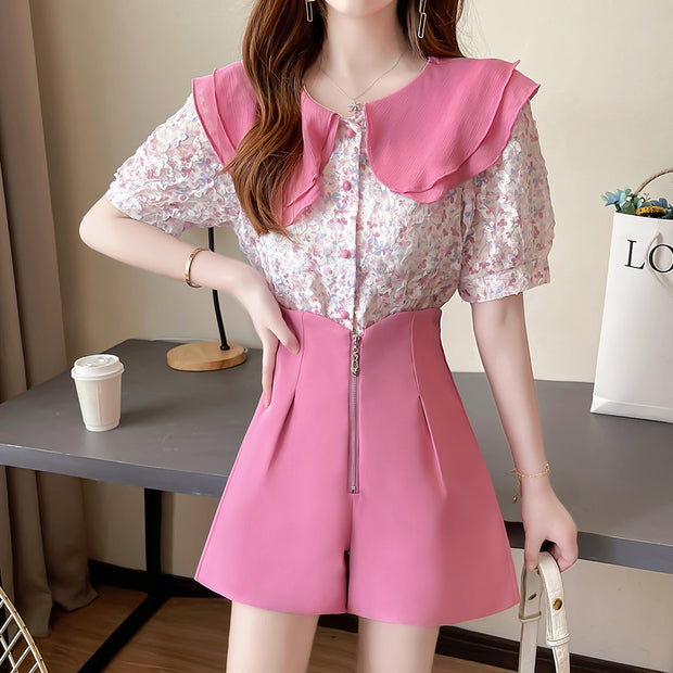 Floral doll collar shirt zipper wide leg shorts set