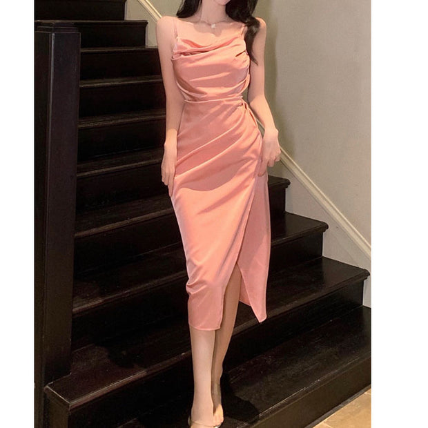 Swing Neck Slit Pleated Slim Satin Slip Dress
