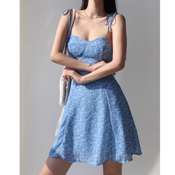 Lace-Up Waist Blue Floral A-Line Cami Dress