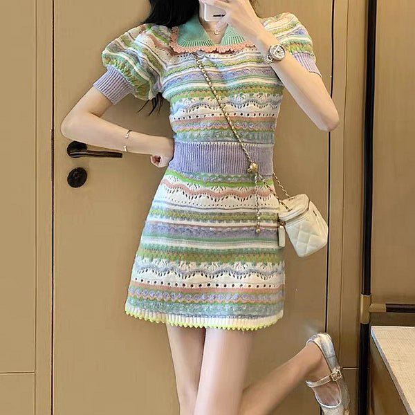 Lapel Knitted Short-Sleeved Top Colorful Skirt Set
