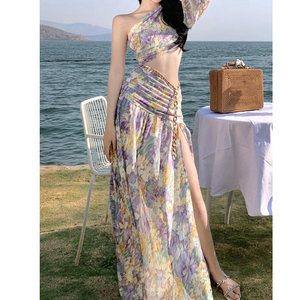 70% One-Shoulder Off-Waist Chain Holiday Floral Dress