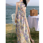 One-shoulder off-waist chain holiday floral dress