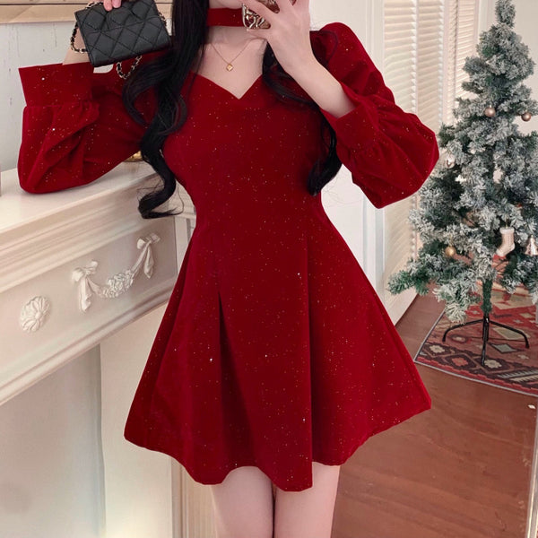 Velvet V-Neck Long-Sleeved Red Christmas Dress