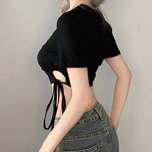 Chain v-neck drawstring short sleeve crop t-shirt