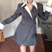 Long sleeve belted waist suit dress