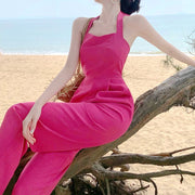 Open back tie pocket rose red wide-leg jumpsuit