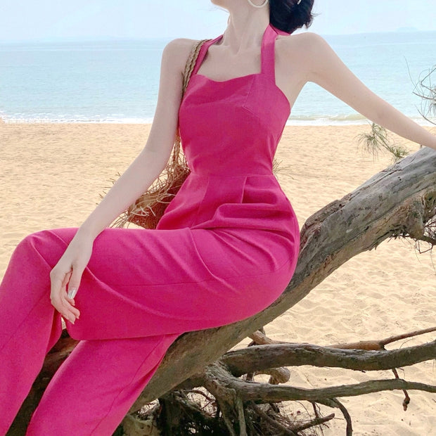 Open back tie pocket rose red wide-leg jumpsuit