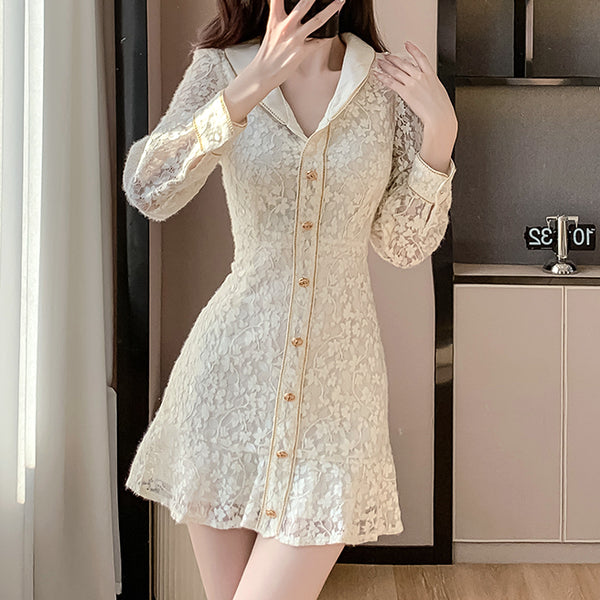 Lace Lapel Single-Breasted Floral Dress