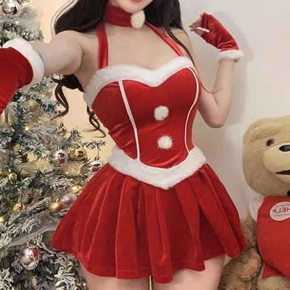 Velvet Halter Gloves Slim Christmas Dress