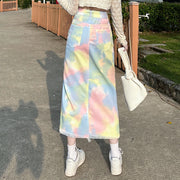 Multicolored tie-dye drawstring slit denim skirt