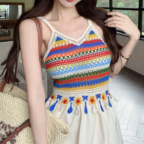 Colorful ethnic resort style paneled slip dress