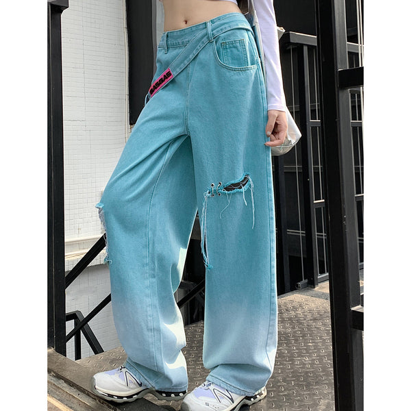 Blue Gradient Destroyed High Rise Relaxed Jeans