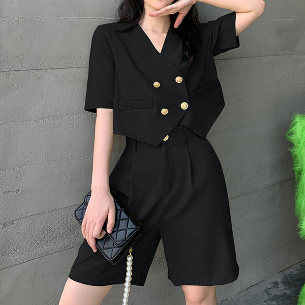 Short-sleeved v-neck suit jacket top wide-leg shorts set