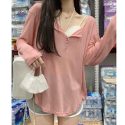 V-neck button loose long-sleeved t-shirt vest set