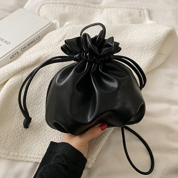 Drawstring casual mini soft leather shoulder bag