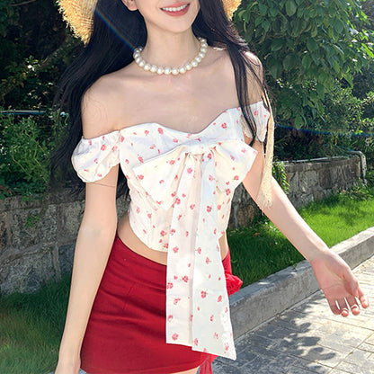 Bow-Tie Off-Shoulder Top And Skirt Two-Piece Set