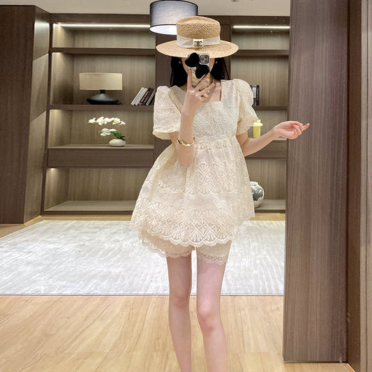 Lace Short-Sleeved Top And Shorts Two-Piece Set