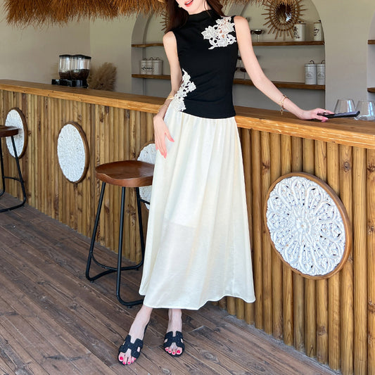 Sleeveless Knitted Lace-Trimmed Top And High-Waisted Skirt Two-Piece Set