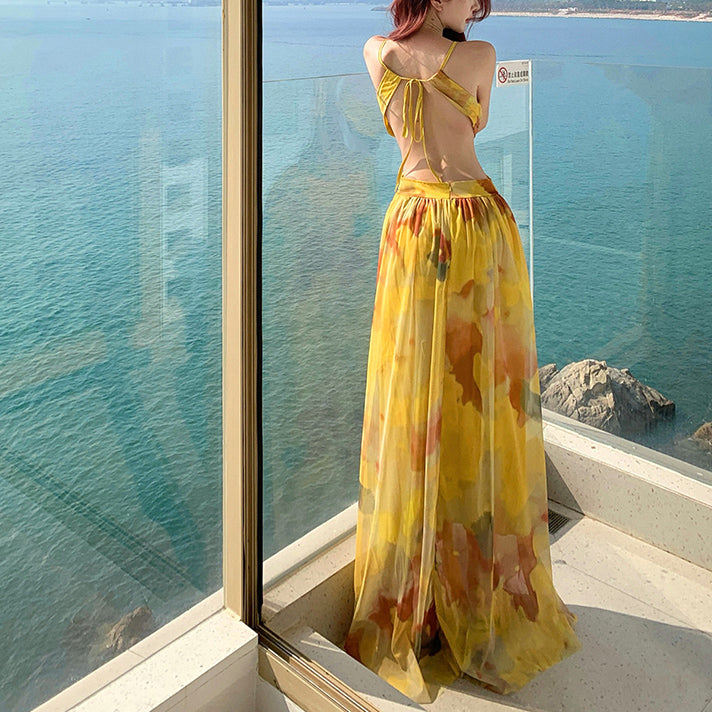 Mesh Tie-Dye Vacation Style Backless Sundress