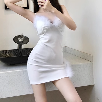 Tight Slit Fur Collar Christmas Suspender Dress