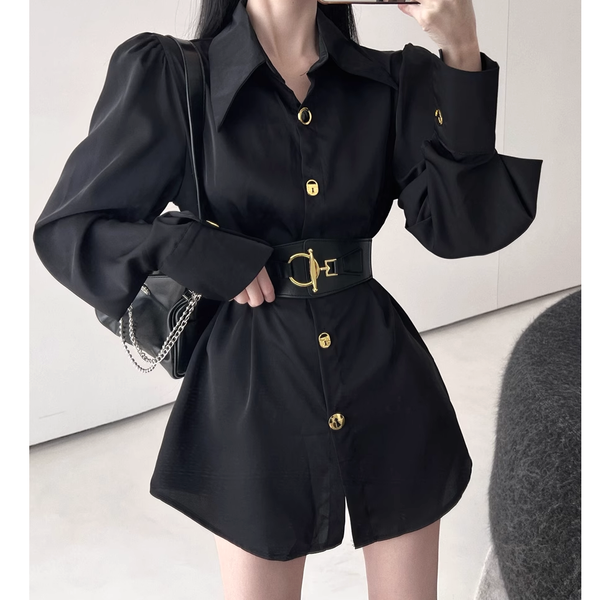Puff-Sleeved Single-Breasted Belted Shirt Dress