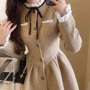 Nipped-Waist Bell-Sleeved Tweed Elegant Dress