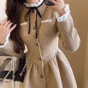 Nipped-waist bell-sleeved tweed elegant dress