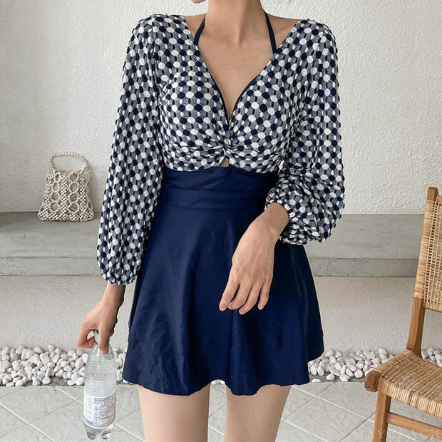 V-neck twist long-sleeve one-piece swimsuit