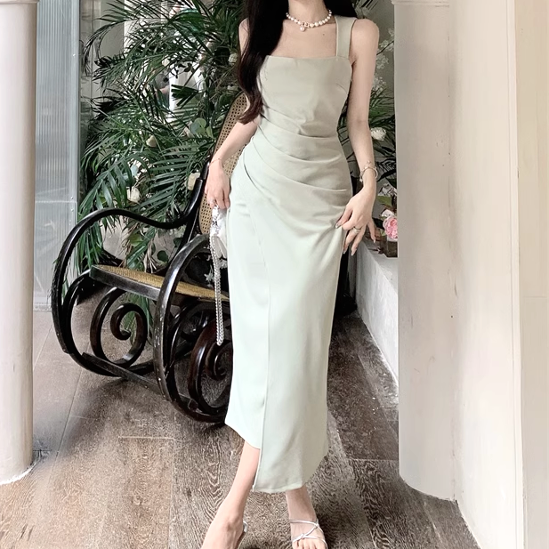 Square Neck Pleated Irregular Sleeveless Bodycon Dress
