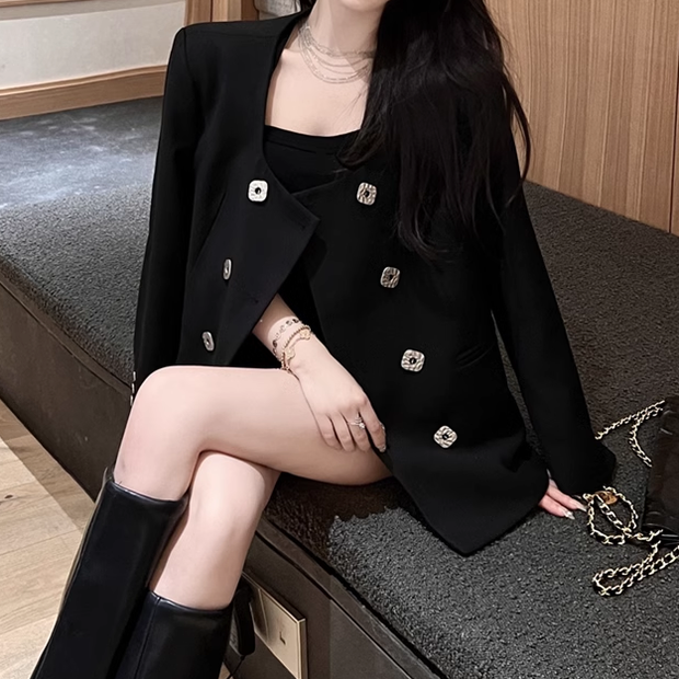 Black double breasted casual blazer top