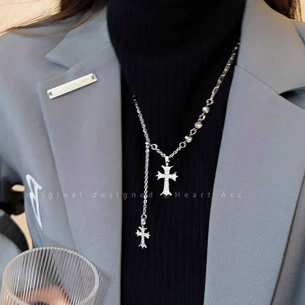 Double Cross Pendant Necklace Sweater Chain Accessories