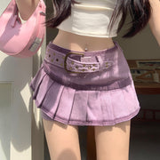 Vintage high waist belt purple denim pleated skirt