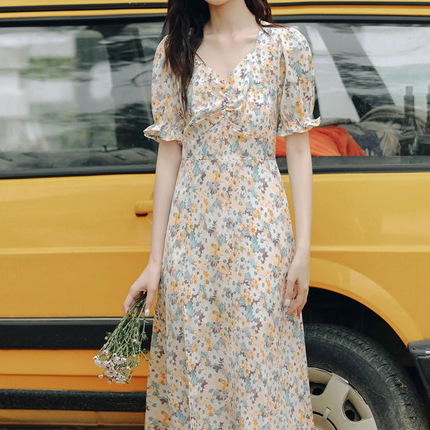 V-neck twisted puff sleeve slit waist floral dress