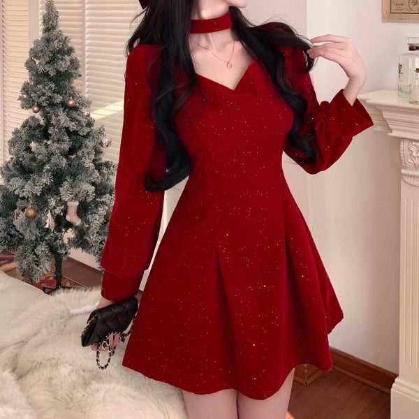 Velvet V-Neck Long-Sleeved Red Christmas Dress