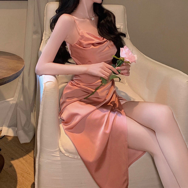 Swing Neck Slit Pleated Slim Satin Slip Dress
