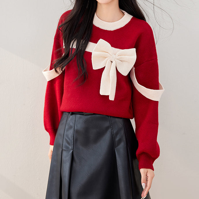 Bow Round Neck Christmas New Year Knitted Sweater