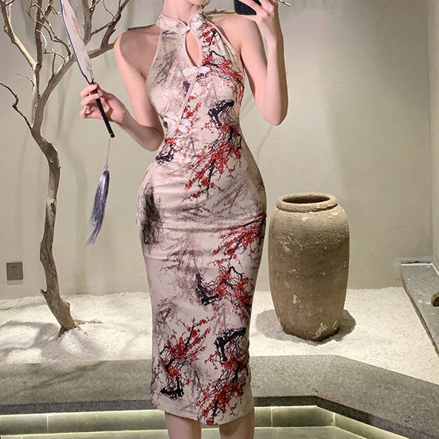 Hollow sleeveless slit national style qipao dress