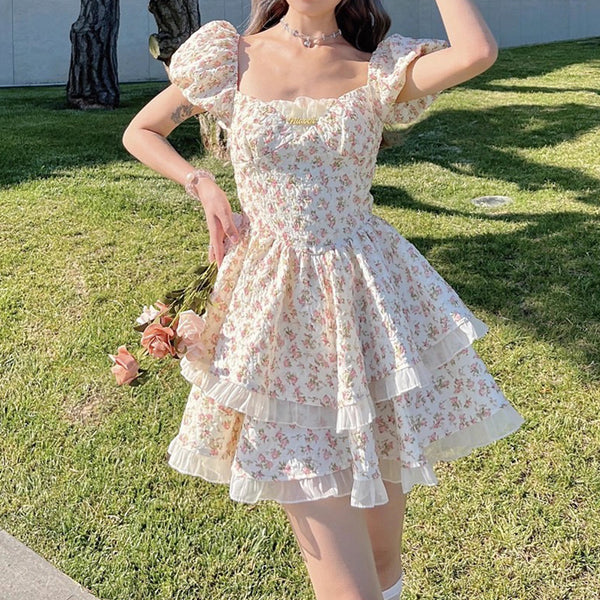 Backless Hollow Bow Knot Puff Sleeve Floral Dress