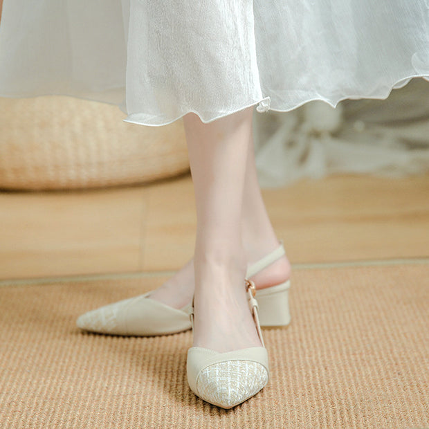 Pointed toe buckle strap block heel sandals