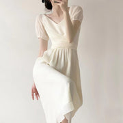 Bubble short-sleeved v-neck waist long dress