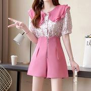 Floral doll collar shirt zipper wide leg shorts set